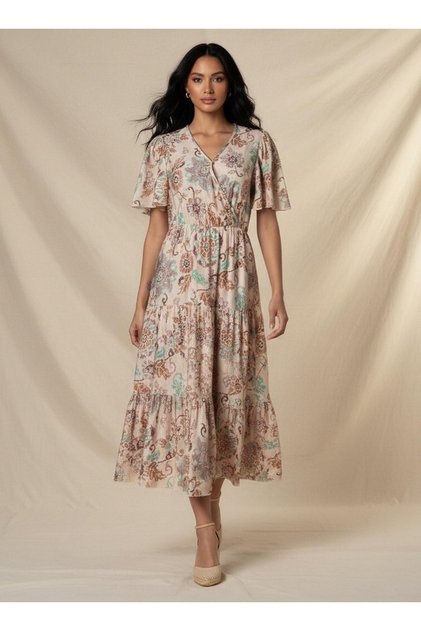 Tiered Midi Viscose Wrap Dress with Floral Print