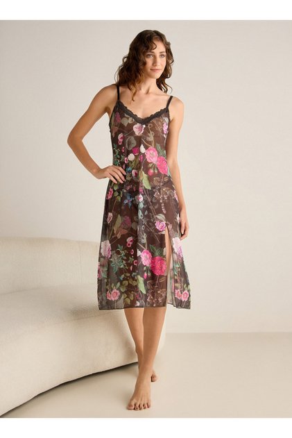 Night Dress Strappy with Floral and Lace Design