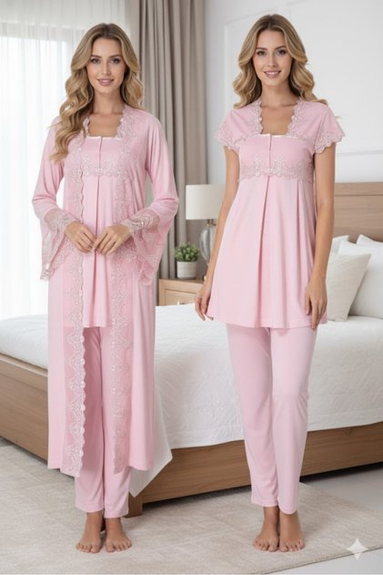 Women's Lace Detailed Adjustable Waist Short Sleeve Maternity 3-Piece Pajama Set