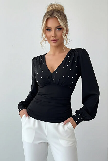 HepsitrentStore Women's Pearl-Embellished and Draped Blouse- Trendyol