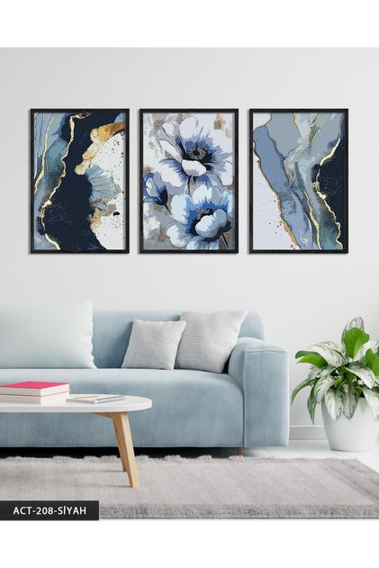 Blue Flower and Abstract Art 3 Piece Wooden Framed Painting Act