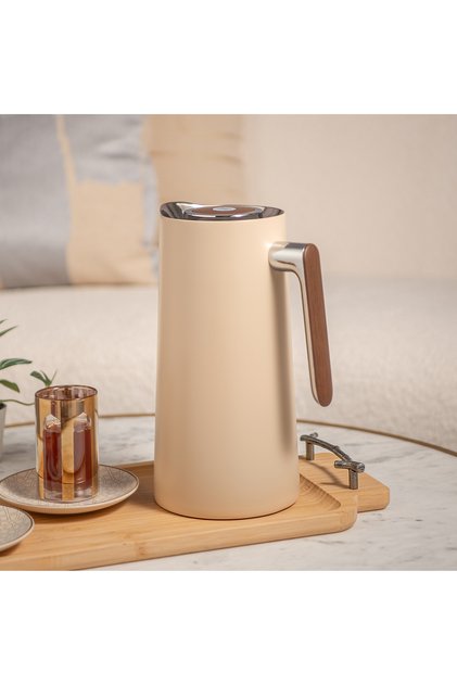 1L beige steel vacuum flask with wooden handle