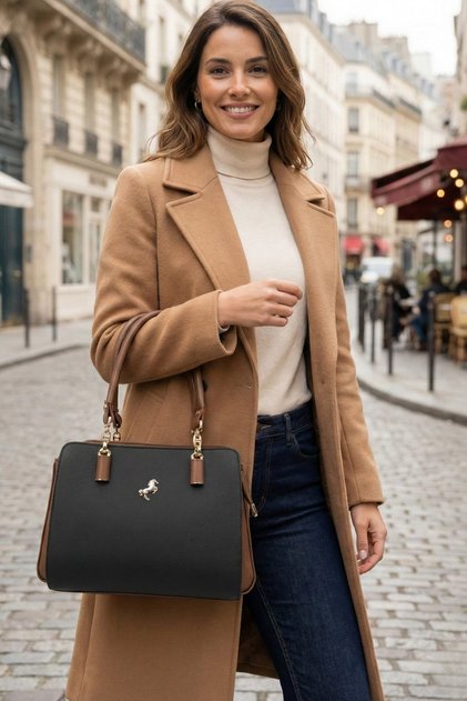 Miami Polo 1362 Women's Handbag Crossbody Bag Black-Tan