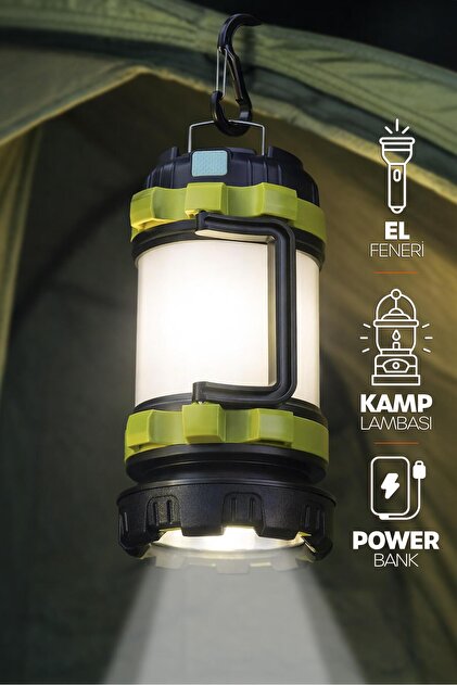 6 MOD Şarjlı Kamp Lambası El Feneri Powerbank Özellikli Su Geçirmez LED Işıldak Yeşil 47703