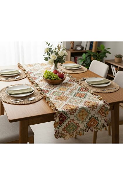 Runner Ethnic Pattern Ruffled Brown Duck Linen 40X130Cm