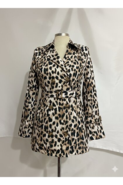 Leopard Print Double-Breasted Women's Trench Coat with Lapel and Belt Lining