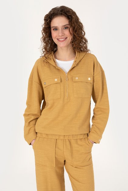 Women's Mustard Zippered Hooded Sweatshirt 50309475-Vr151