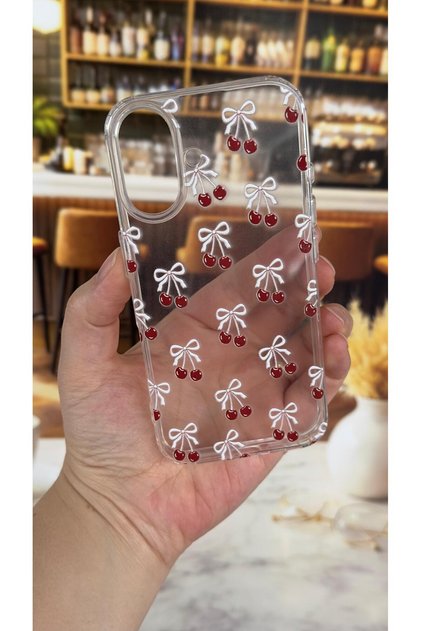 iPhone 16 Compatible Cherry Patterned Transparent Shock-Absorbing Camera Protected Clear Case