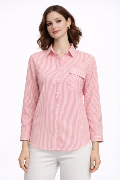 Women's Pink Striped Pocket Detailed Long Sleeve Cotton Shirt -
