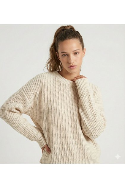 Ecru Crew Neck Oversized Women's Knitwear Knitted Sweater