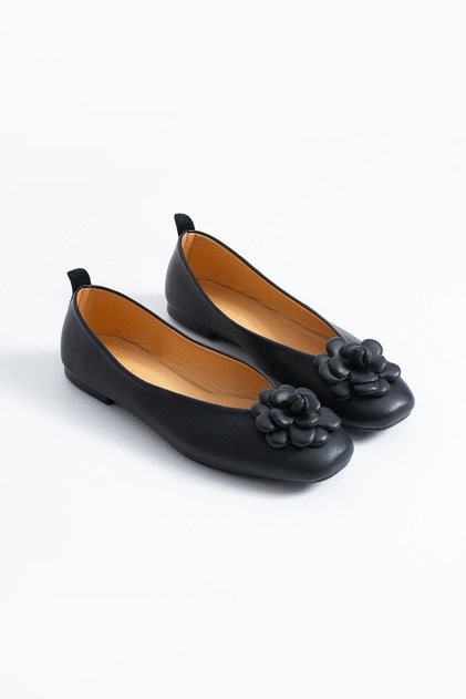 Tenseder rose bow genuine leather women's ballerina black skin