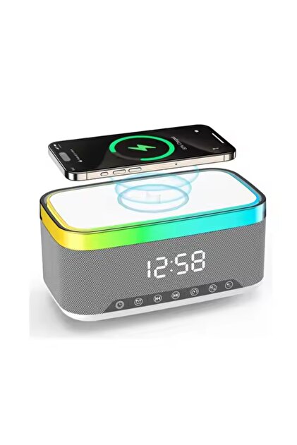 SA-148 15W Kablosuz Şarj Etme Özellikli Masa Saati - Çalar Saatli Alarm - Bluetooth Hoparlör - Radyo