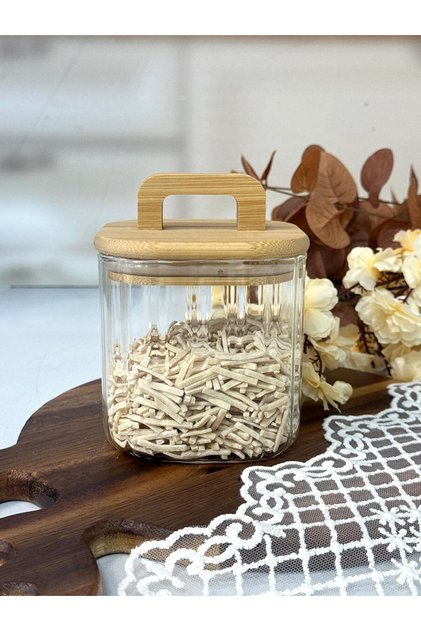 Cam Bambu Kapaklı Çizgili Kare Model Kavanoz 700 Ml TKEBT Şeffaf