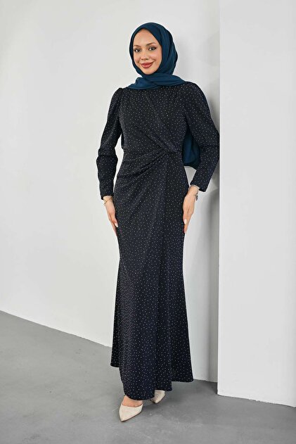 Navy Blue Glittery Stone Front Draped Evening Dress