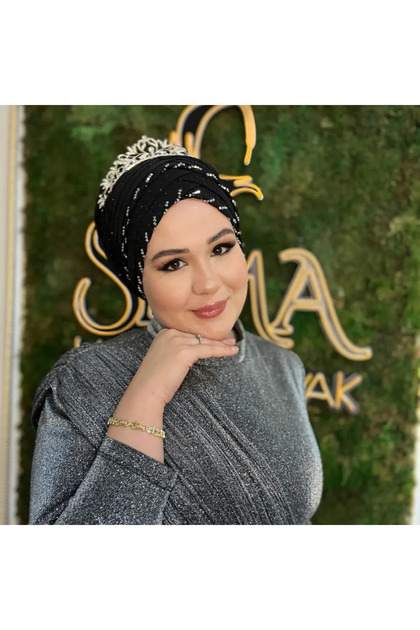 Siyah Taş Detaylı Taçlı Model hazır türban hazır şal abiye şal duvak
