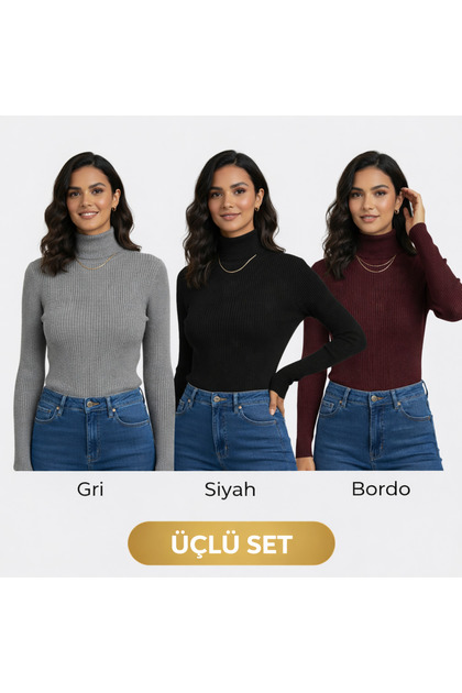 Women's Turtleneck Corded Fabric Knitwear Blouse Set of 3 – Claret Red• Black • Gray
