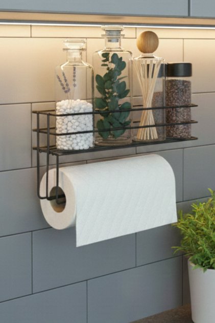 Yapışkanlı Raflı Kağıt Rulo Havluluk Peçetelik Havlu Kağıltlık Siyah Banyo Mutfak Düzenleyici Raf