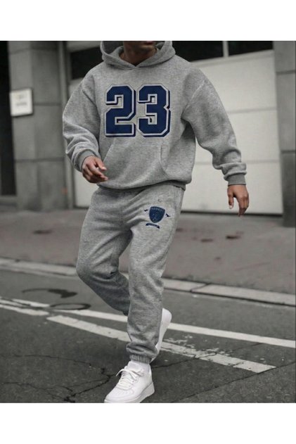 Men's 23 Printed Gray Hoodie Tracksuit