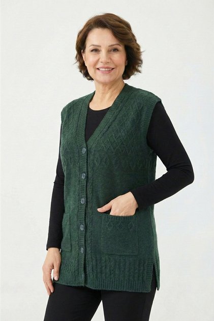 Women's Mother Green V-Neck Buttoned Pocketed Argyle Pattern Wool Vest