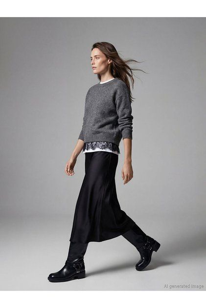 Create Your Style with Uzg Store Anthracite Crew Neck Lace Detail Women's Knitwear Sweater