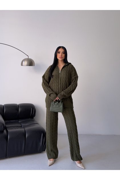 Women's Hooded Double Zippered Hair Knitwear Set