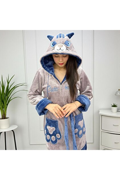 Kadın Fermuarlı Kapüşonlu Cute Kitty Nakış Detaylı Özel Tasarım Ultrasoft Sabahlık
