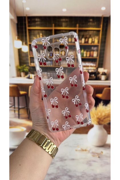 Poco X3 Compatible Cherry Patterned Transparent Shock-Absorbing Camera Protected Clear Case