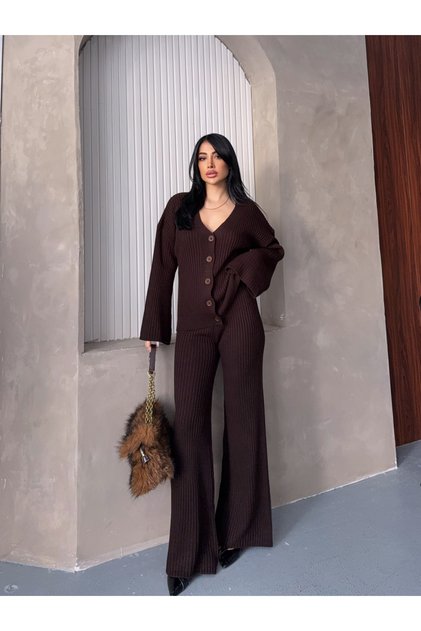 Corded Fabric Button Cardigan Flared Pants Knitwear Set