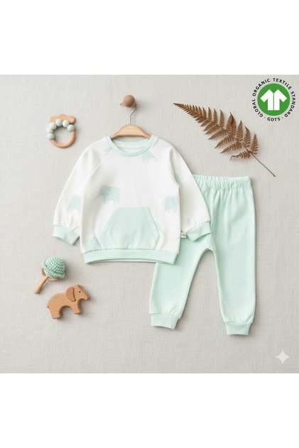 Mint Meadow Premium Organic Cotton Elephant Patterned Casual Baby Bottom and Top Set