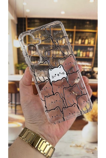 Samsung S24 Fe Compatible Manycat Patterned Transparent Shock-Absorbing Camera Protected Clear Case