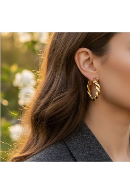 Gold Steel Twist Hoop Earrings - Tarnish Resistant Waterproof
