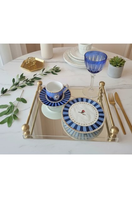 Set of 2 Embroidered Bird Pattern Round Cocktail Napkins - Pip Studio Compatible Blue Presentation Napkin 15cm