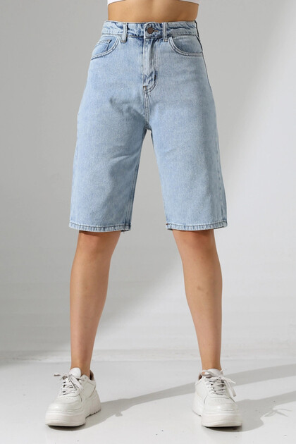 Women's High Waist Loose Jean Bermuda Blue