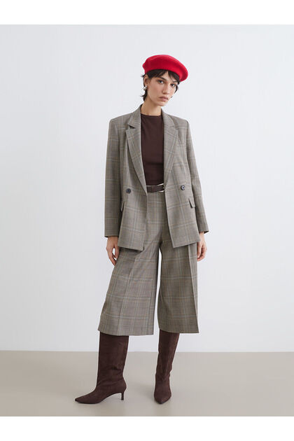 Brown Loose Fit Plaid Wide Leg Women's Pleated Pants