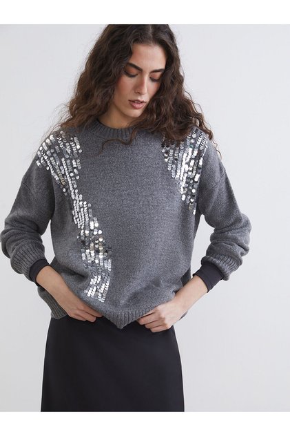 Crew Neck Sequin Embroidered Women's Knitwear Sweater