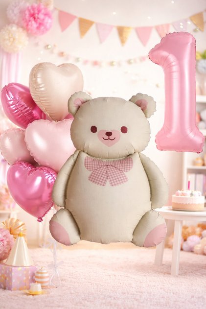 Soft Concept 1St Birthday Foil Balloon Set with Pink Teddy Bear & Heart Balloons