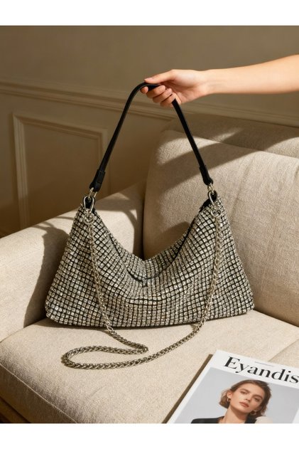 Women's Silver Crystal Stone Baguette Shoulder Bag - Evening Dress and Everyday Sparkling Handbag