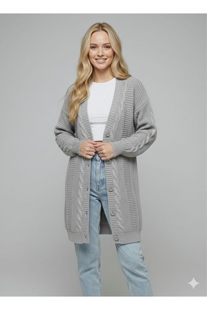 Women's Gray Buttoned Cotton Knit Detailed Long Knitwear Cardigan