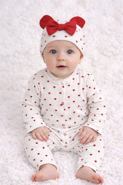 ❤️ Heart Cotton Newborn Jumpsuit & Hat Set