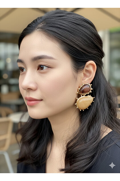 Women's Gold Plated Brown Stone Detailed Dangle Earrings – Stylish and Modern Design