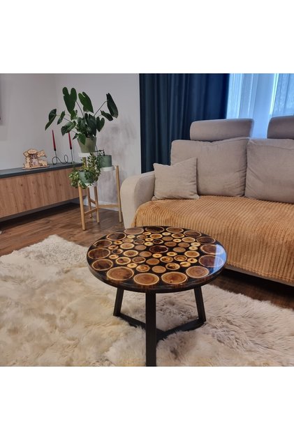 Masă rotundă din lemn și rășină epoxidică - Design unic 60X60X48 cm