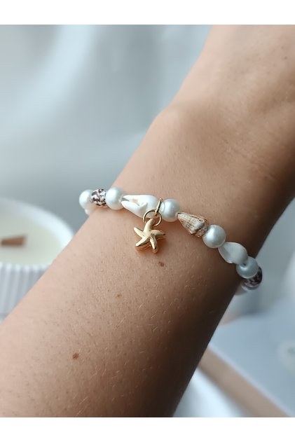 Sea Shell Gold Starfish Pearl Detail Oyster Handmade Women's Bracelet