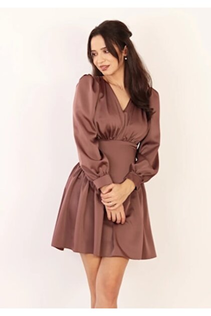 Moze Short Satin Dress Brown 42 EU- Trendyol