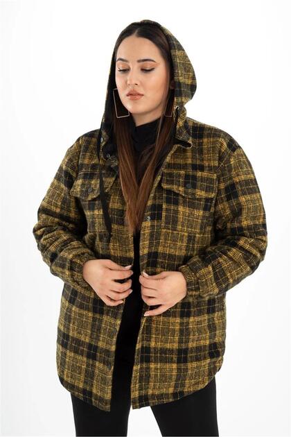 Ženski kaput veće veličine Sa kapuljačom Karirano žuti