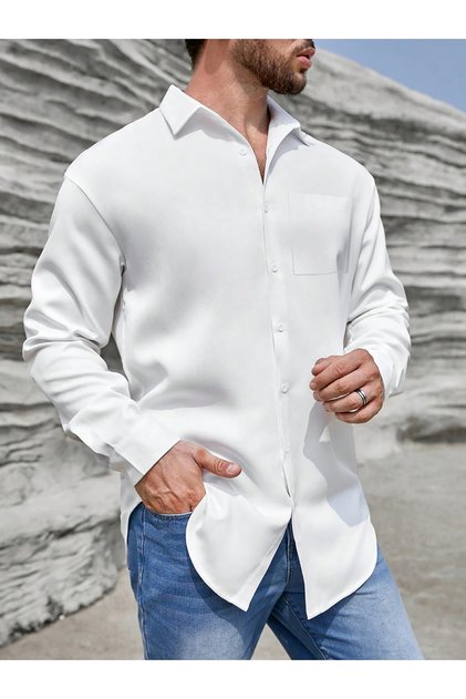 Men White Long Sleeve Shirt with Pocket