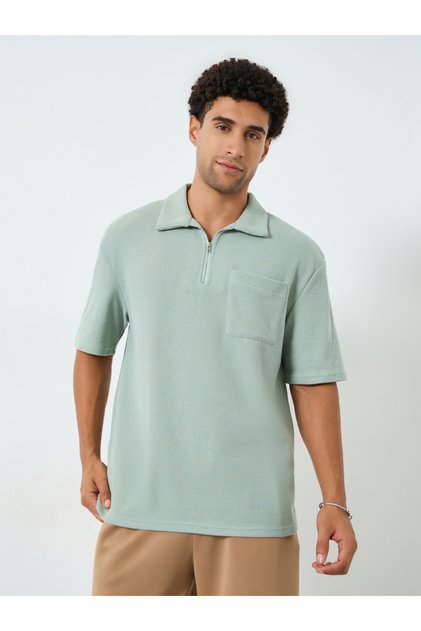 Men Waffle Knit Quarter Zip Oversized Polo