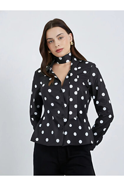 Women Black Polka Dot Tie-Waist Shirt