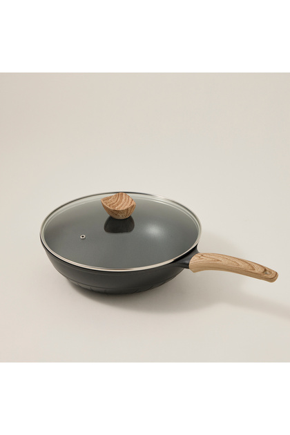 30cm Portro Wok Pan with Glass Cover - Black Color
