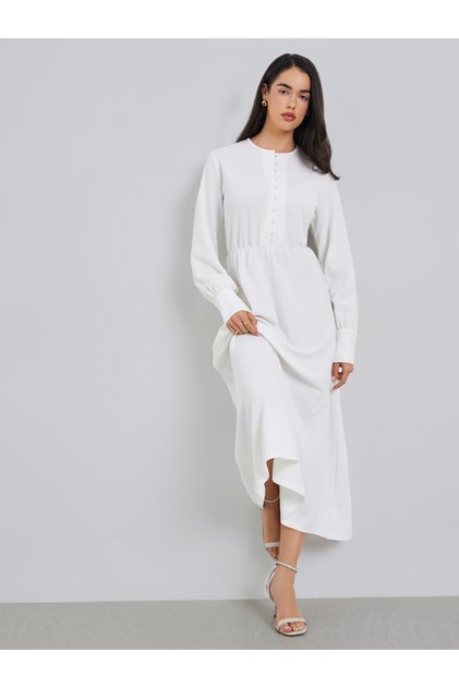 Women White Buttoned A-Line Midi Dress