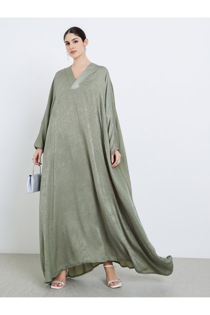 Women Green Satin V-Neck A-Line Jalabiya